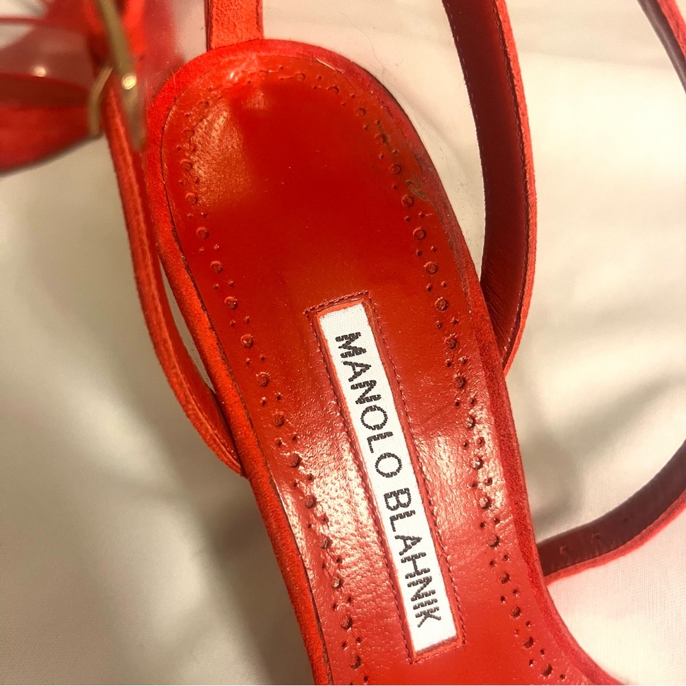 New! Manolo Blahnik Red Strappy Suede Heels - Size 37.5 - Picture 6 of 10